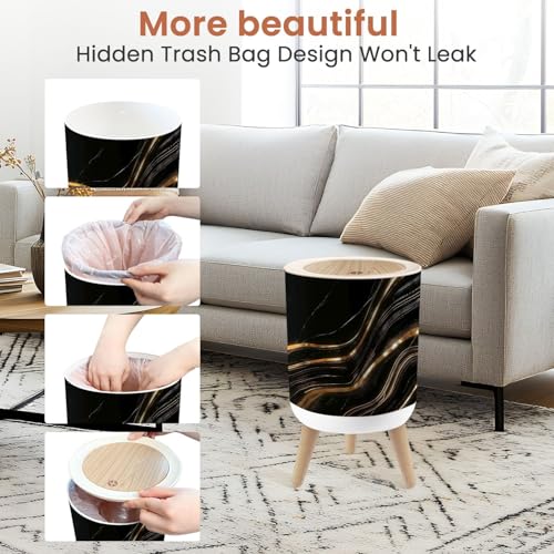 Image of Small Trash Can with Lid Marble texture wall surface black gold ink pattern graphic granite 1.8 Gallon Dog Proof Trash Can Round Garbage Can Waste Bin Wastebasket for Bathroom Bedroom Living Room