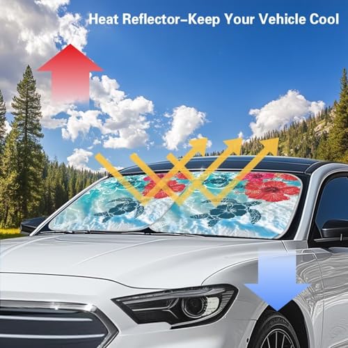 Image of Hibiscus Turtle Windshield Sun Shade Foldable 2 PCS Sunshade Visor Car Windshield Sunshades Easy Installation Front Window Sun Shade Blocks UV Rays and Keeps Your Vehicle Cool