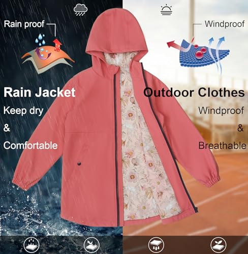 Image of SOLOCOTE Kids Rain Jacket Hooded Lined Rubber RainCoats for Girls Boys Waterproof Windproof Size 5-14Y