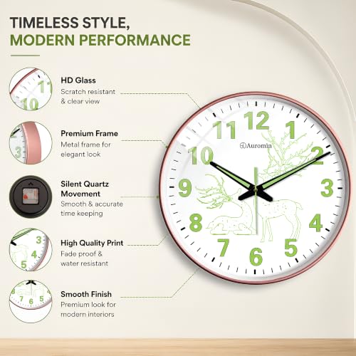 Image of Auromin Antique Radium Glass Wall Clock Night Glow for Bedroom | Night Light Silent Glass Wall Watch for Living Room, Living Room, Study (Clock-GL-Deer-RDM-DYNY)