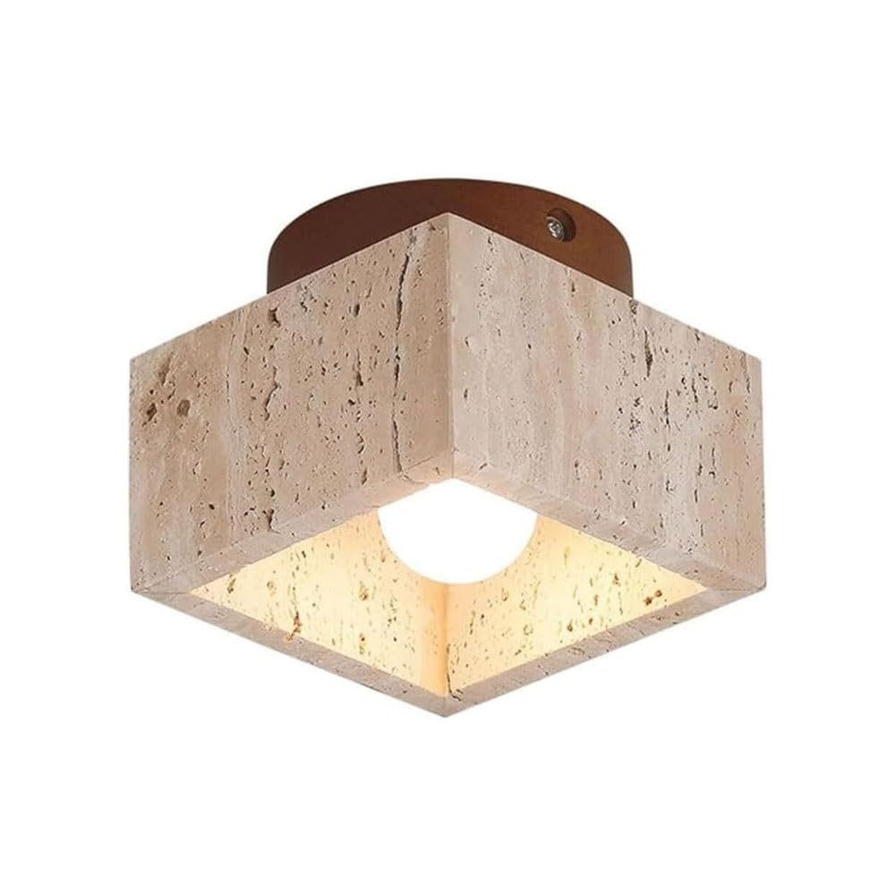MESOVFCA Modern Square Travertine Flush Mount Ceiling Light with Solid Wood Base Hallway Corridor Entryway Lamp Minimalist Warm Ambient Decorative Illumination Fixture E26 Natural Stone