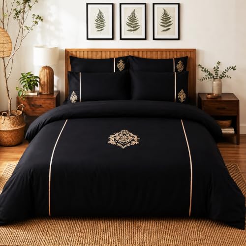Image of Embroidered Premium Bedsheet Set | 300 TC 100% Cotton 1 Queen Bedsheet Set | Extra Smoothness with Sateen Weave| Damask Black Bedsheet Set (1 Flat Sheet + 2 Pillow Cases)