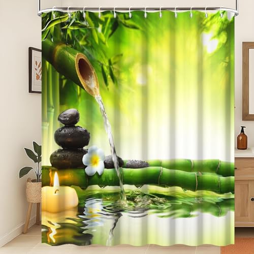 Xiaoterna Spa Rideau de Douche 3D Paysage de Jardin Zen Rideau de Salle de Bain Bambou Vert Floral printanier Pierre Noire Fleur Blanche Imperméable et...