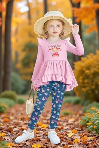 Image of Arshiner Toddler Girl Clothes Ruffle Trim Long Sleeve Pullover Top and Floral Print Leggings Fall Outfits Kids Clothing Sets