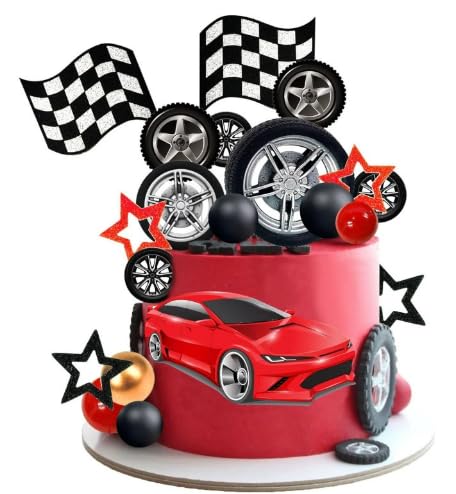 28Pcs Race Car Cake Topper, Racing Car Theme Happy Birthday Cake Toppers, Racing Sports Cupcake Decorations for Boys Men Baby Shower Birthday Party Supplies, Red