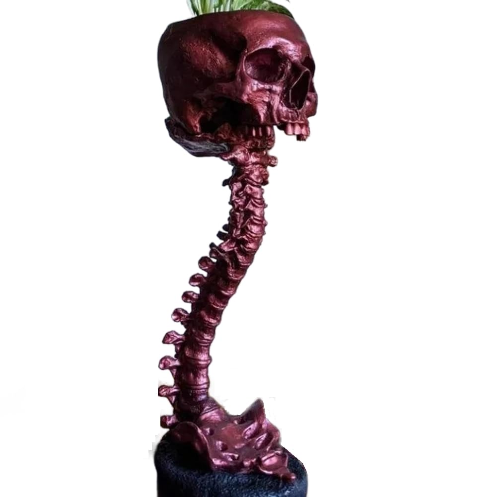 Durratou Resin Skull Planter & Spine Stand Set, Polyresin Skulls Pot, Halloween Decoration Retro Human Skull Head Flower Durable Easy to Use Red