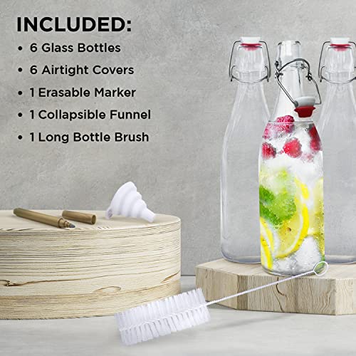 Nevlers 6 Pcs | 33 Oz Round Swing Top Glass Bottles With Airtight Stopper | 1 Liter Home Brewing Bottles For Kombucha - Water Kefir - Limoncello | Includes Bottle Brush, Funnel & Gold Glass Marker #TOP6