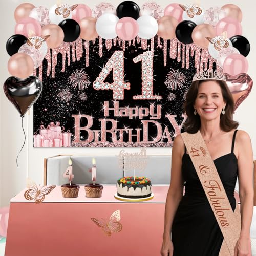 Juesly 41st Birthday Decorations for Women Rose Gold Black 49pcs by Juesly - Used condition - Image 2