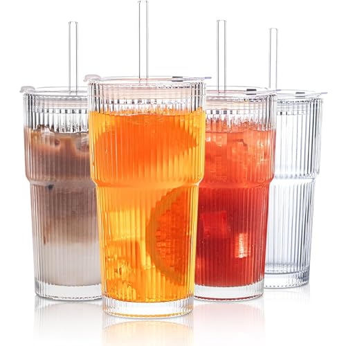 ikeoat 20 oz Ribbed Glass Tumblers with Lids and Glass Straws – 4-Piece Glassware Set, Thickened Glass, Ideal for Iced Coffee, Smoothies, Cocktails, and Juices – Elegant and Durable Drinkware