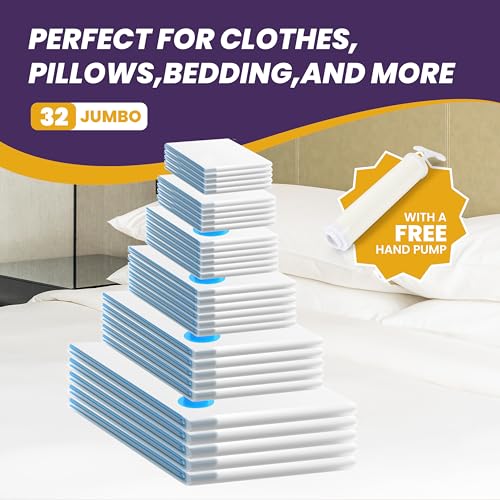 YSSOA 32 Combo Vacuum Seal Bags (5 Jumbo/5 L/6 M/6 S/5 Roll M/5 Roll S) 80% Space Saver Bags with Travelling Pump for Quilts and Blankets Storage