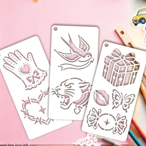 GOMAKERER 12 Sheets Graffiti Wall Stencil for Painting, Retro Tattoo Style Drawing Templates Reusable PET Heart Cake Matches Telephone Stencils for Painting on Wall Wood Home Decor - Image 4