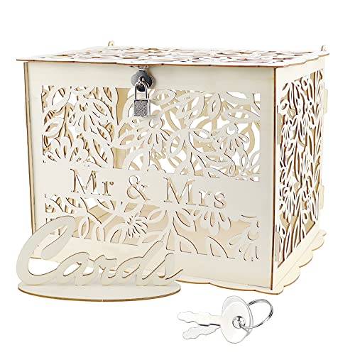 JaneYi Hochzeitskarten Box für Kartenbox Hochzeit Vintage Holz Kartenbox mit Schloss Briefkasten Kartenkiste Karten Boxen für Hochzeit Geschenkkarten Box für Hochzeit (30X23X23cm)