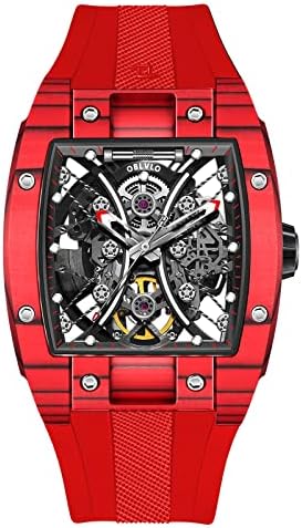 OBLVLO Brand Mechanical Sport Watch for Men Tonneau Skeleton Carbon Fibre Self-Winding Automatic Watch Red Rubber Strap Luminous Watches EM-S (EM-S-RBR1)