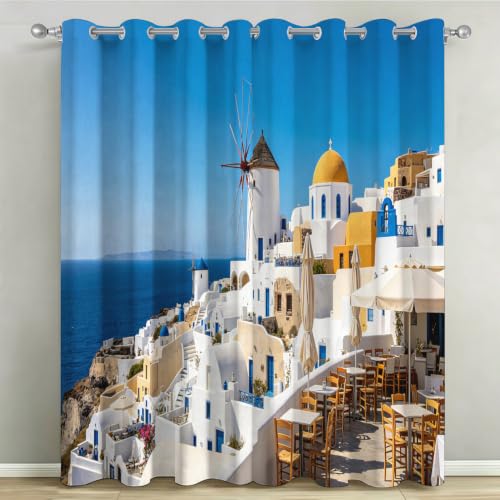 Cortinas Salón Opacas Islas Griegas Cortinas Térmicas Aislantes con Ojales 2 Piezas 3D Paisaje Costero Cortina Blackout para Dormitorio Ventanas 2X 140x240 cm C/1483