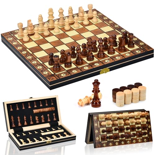 Jeu D'éChecs,2 en 1 Echiquier Magnetique,Echecs en Bois Pliable avec Emplacements De Rangement,pour Enfants Adultes, éChecs De Voyage,Jeux De Stratégie (39x39cm)