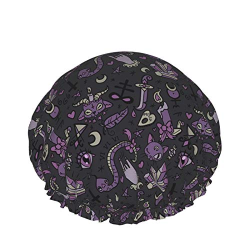 Cute Gray Purple Black Magic Goth Spooky Bath Shower Cap Elastic Reusable Bathing Hats For Women Waterproof & Adjustable