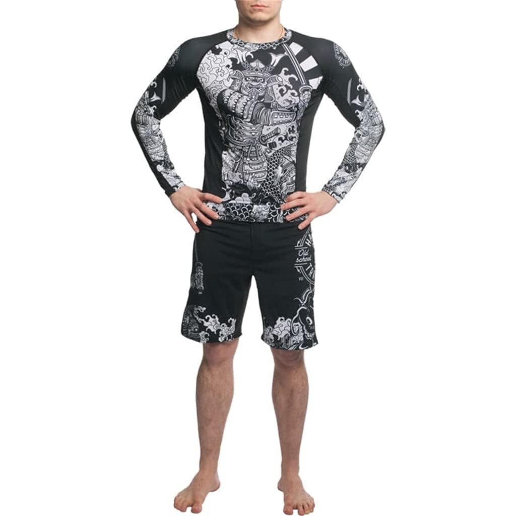 Hardcore Training Rash Guard Mężczyźni Kompresja Koszulka Długi Rękaw BJJ MMA No-Gi Obcisła Grappling Boks (DE/NL/SE/PL, Alfa, XS, Regularny, Regularny, Biały/czarny)