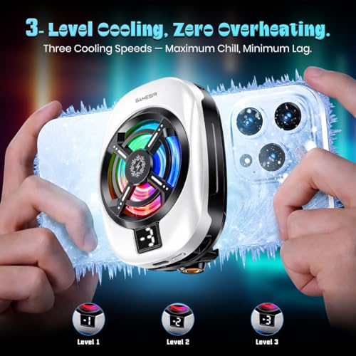 Image of GameSir Phone Cooler for Gaming, Semiconductor Cooling Chip, 5000 RPM 7-Blade Fan, 3-Level Cooling, RGB Light, Type-C Powered, LED Display, Clamp Mount Mobile Cooling Fan for Android & IOS-(White)