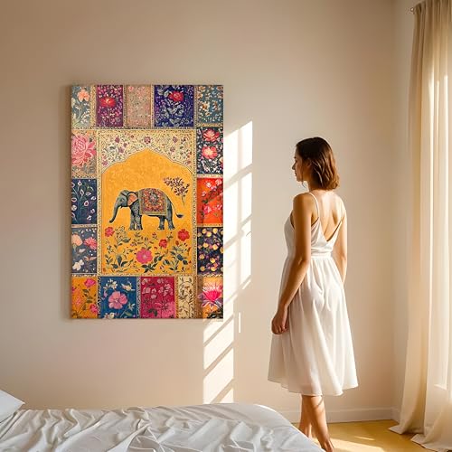 Image of PAINTINGMANTRA Abstract Stretched Canvas Multicolor Wall Art Painting Elephant Madhubani Beautiful Wall Decor in Yellow, Beige and Multicolor for Living Room, Bedroom, Office - 22x34 Inch