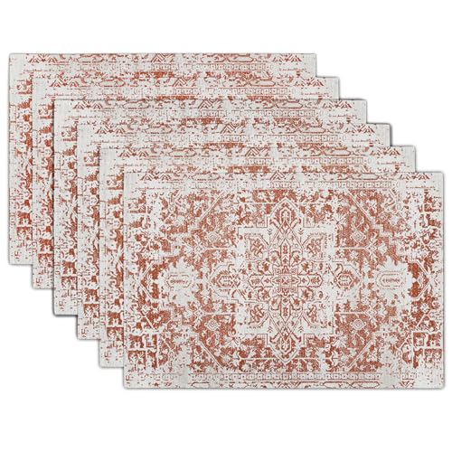 Image of Gray Burnt Orange Boho Placemats Set of 6 Ethnic Bohemian Carpet Place Mats Washable Kitchen Dining Vintage Grey Geography Floral Linen Table Mats Stain Heat-Resistant for Home Party Indoor 12x18 in