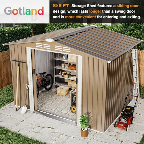 Gotland 8FT x 6FT Sheds & Outdoor Storage, Metal Storage Shed with Sloped Steps Waterproof Sloped Roof, 2 Lockable Slide Doors, Outdoor Shed for Backyard Patio Lawn Brown