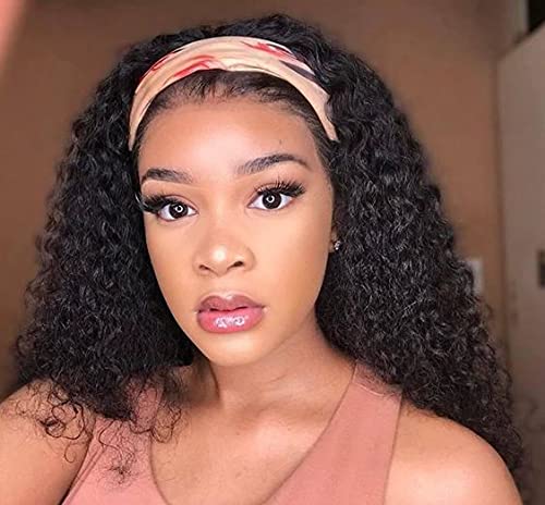 Headband Wig Water Wave Headband Wigs for Black Women Synthetic Curly Headband Wig Glueless Half Wig 18 Inch 180% Density Wigs with Headbands Attached Natural for Daily Use (18 Inch, 1B)