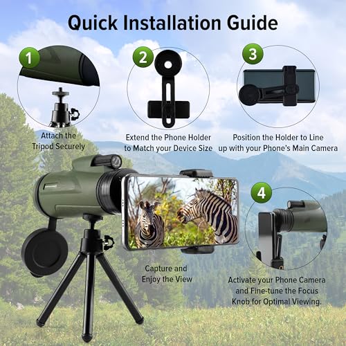 Image of 40x60 Monocular Telescope with Smartphone Adapter, High Powered BAK4 Prism FMC Monocular for Kids & Adults, Compact Low Light Vision Telescope for Wildlife, Camping, Travel & Outdoor