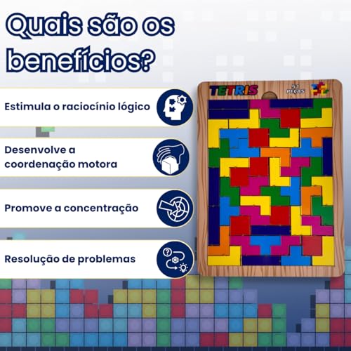 Quebra-Cabeça Tetris em MDF Adesivado Blocos Educativos para Crianças 51 PÇs