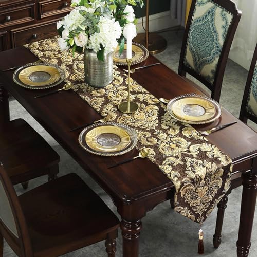Sophisticated Jacquard Dark Brown Chenille Table Runner with Bling Gold Embroidered 13x84 inches by HeMiaor - Used condition - Image 3