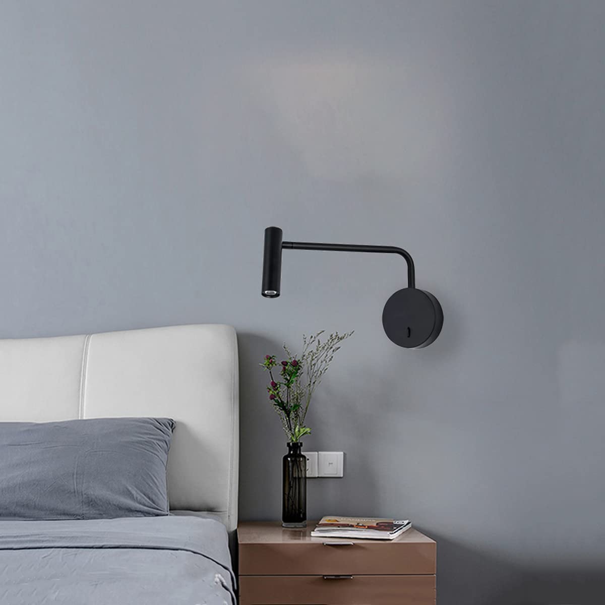 Wandlampe Innen Mit Schalter Und Stecker 3W LED Wandleuchte Mit 1.5M Kabel Verstellbar Wand Leselampe Nachttischlampe Warmweiß 3000K Wandspot Flurlampe Für Wohnzimmer Schlafzimmer Hotel Lernen,Schwarz