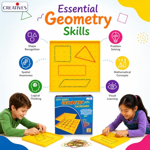 Image of Creative's Educational Geometry with Geoboard |Games and Activity Guide | Easy & Fun Way of Learning Geometry Shape | for Kids Ages -6 Years and Up (20 Rubber Bands)