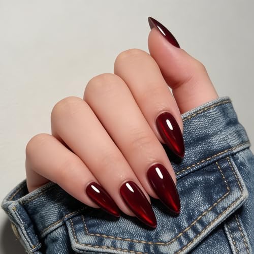 Image of 24 Pcs Press On Nails, Fake Nails For Girls, Cherry Red Cat Eye Press On Nails Kit, Glossy Nail Extensions For Women, Quick Fix For Festivals & Special Occasions