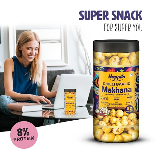 Image of Happilo Makhana Chilli Garlic Jar 80g, Roasted Foxnut Healthy Snack Low Calorie and Vegan (Pack of 5)