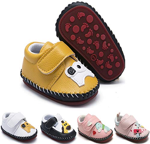EAU LAYAMEN Baby Girls Boys Leather Sneakers Non Slip Rubber Sole Flats Infant Toddler First Walker Outdoor Tennis Crib Shoe, Elephant Yellow, 0-6 month