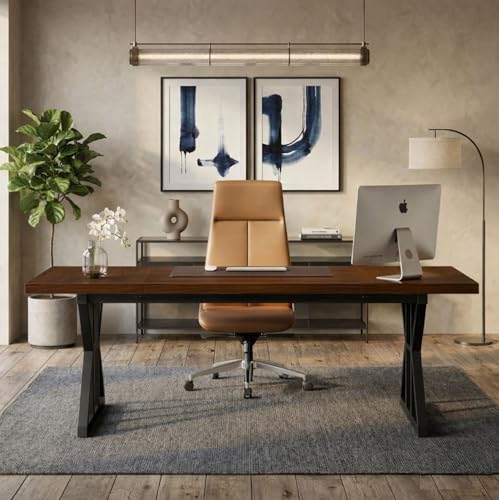 Image of Executive Computer Work Desk | Wooden Office Table for Home, Office, Workstation, Study | Strong Metal Frame Computer Table (Rustic Brown)