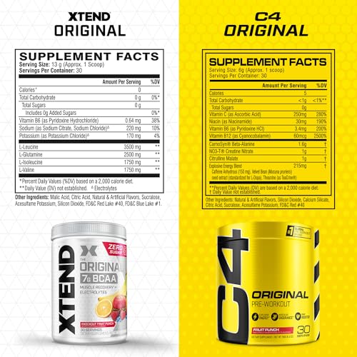 Image of Xtend Cellucor Pre Workout & BCAA Bundle, C4 Original Pre Workout Powder, Fruit Punch, 30 Servings BCAA Powder, Knockout Fruit Punch, 30 Servings