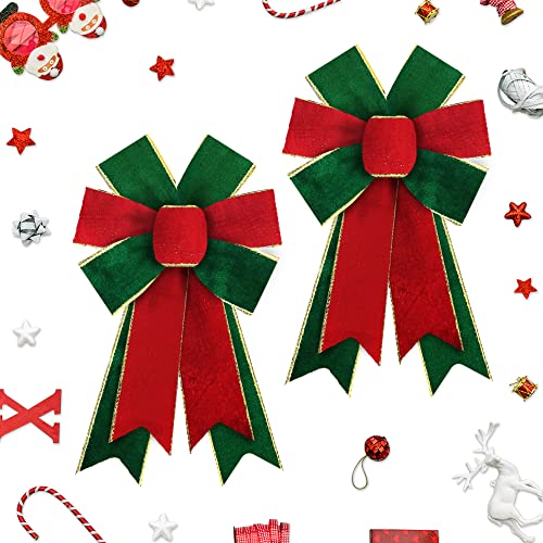 2pcs Christmas Wreath Bows Christmas Bows Green Solid Red Burlap Bows for Wreaths...