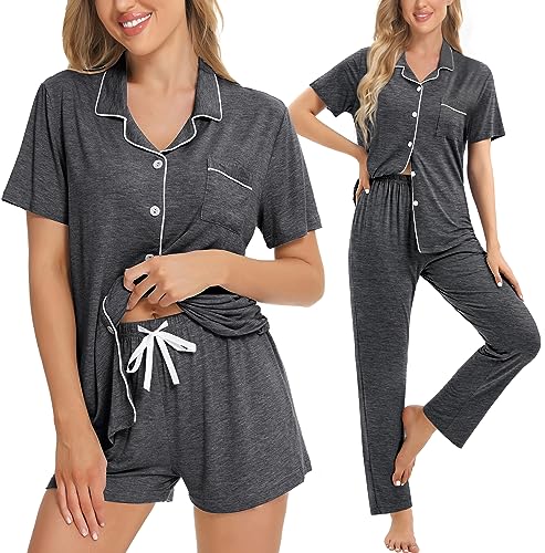 Image of SWOMOG Womens 3pcs Button Down Pajamas Set Short Sleeve Sleepwear Bride Pj Lounge Set with Long Pants