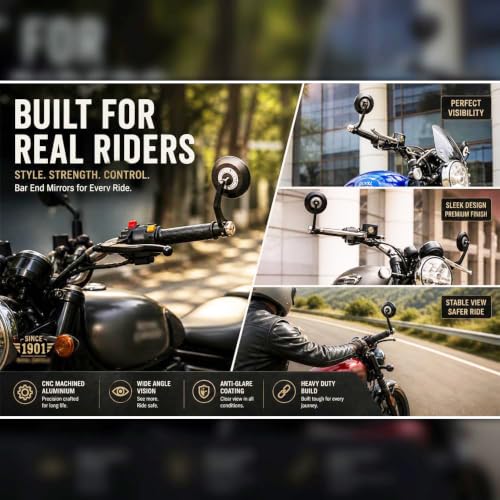 Image of SAAD Round Convex Bar End Mirror Compatible With All RE Motorcycles | Classic 350, Hunter 350, Meteor 350, etc | Rear View Mirror | Metal Handle & ABS Frame | Set of 2 Black | Bullet Accessories