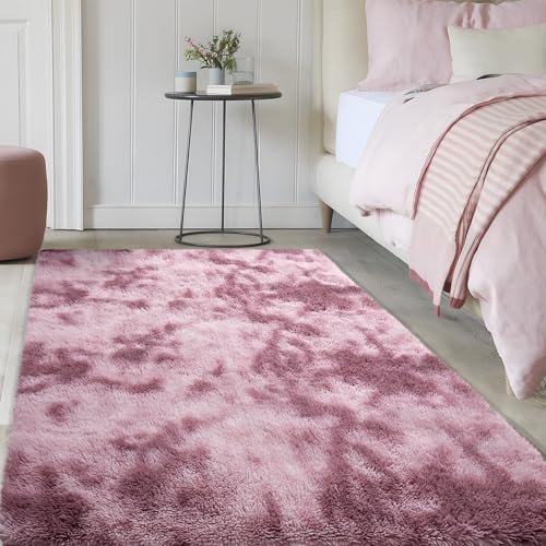 SOANNY Tapis Shaggy Long Poil Tie-Dye, Lavable & Antidérapant, Doux et Moelleux, Salon, Chambre, Enfant, 120x180 cm, Vieux Rose