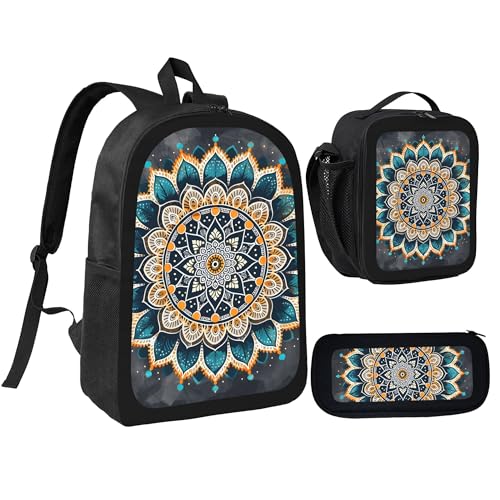 Ethnic Color Mandala Abstract 3 Pcs 17 Inches Backpack Set with Insulated Lunch Bag And Pencil Pouch Large Back Pack for Men Women Lunchbox Pencil Case Waterproof Backpacks Lunch Box 3 Piece Daypacks
