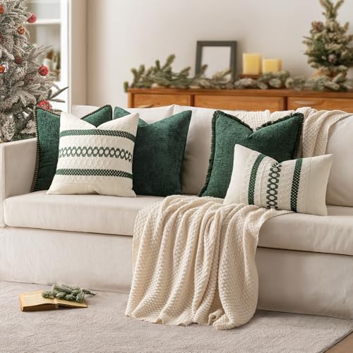 Image of MIULEE Set of 2 Dark Green Boho Decorative Lumbar Pillow Covers 12x20 Inch | Farmhouse Couch Throw Pillows Modern Cotton Cushion Cover Macrame Woven Home Decor for Bed Sofa Chair