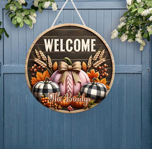 Personalized Fall Pumpkin Welcome Sign – Custom Metal Wreath Center for Autumn Decor – Round Front Door Hanger (8" – No Holes) - Image 3