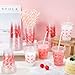 Jingmore 50 Sets Pink Cherry Disposable Plastic Cups with Lid and Straw 12 oz Cherry Theme Plastic Drinking Cups Clear Cocktail Tumblers for Coquette Birthday Bachelor Party Supplies