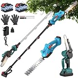 Cordless Hedge Trimmer Long Reach & Chainsaw Set, 2 * 2.0Ah Battery Powered Rechargeable, Pure Copper Motor 0-135° Adjust, Handheld Chain Saw Trimmer for High & Low Tree Branch, Fence, Grass Trimmer