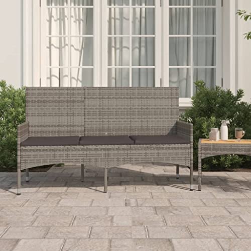 KTHLBRH Gartenbank 3-Sitzer mit Kissen Grau Poly Rattan, Park Bank Garten Bank Terrassenbank Rasen Bank für Parks, Balkone, Pavillons