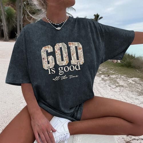Image of Christian God is Good Shirts for Women Jesus Faith Religious T Shirts Floral Graphic Oversized Acid Washed Tee Tops