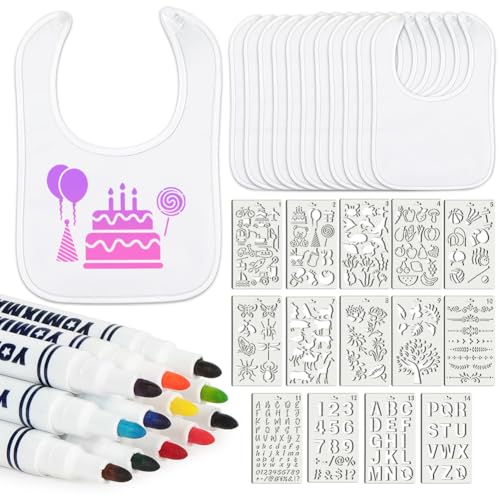 Vicloon Baby Lätzchen zum Bemalen 12 Stück Weiß Babylätzchen baumwolle zum Bemalen mit 12 Textilstifte und 14 Malen Schablonen Geschenk für Babyshower Party DIY für Mädchen/Junge (30 * 20 cm)