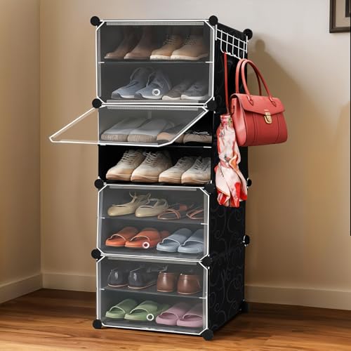 Image of ABOUT SPACE Shoe Rack for Home with Door - 16 Pair DIY Slipper Stand with Hanger, 6 Cube Expandable Shelves Closed Shoes Rack for Home Men, Women Heels Boots Flip-Flops (Black-L 80 x B 30 x H 135 cm)