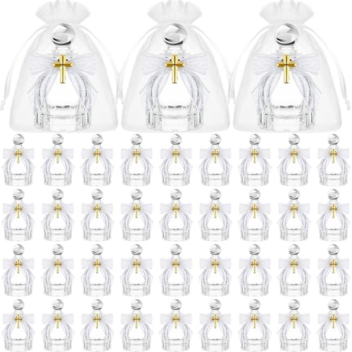 Newtay Holy Water Bottles Catholic Bulk Glass Baptism Favors for Guests Christian Water Container with Cross Organza Bags Bow for Holy Communion Gifts Church Wedding Baptism(White,48 Set)